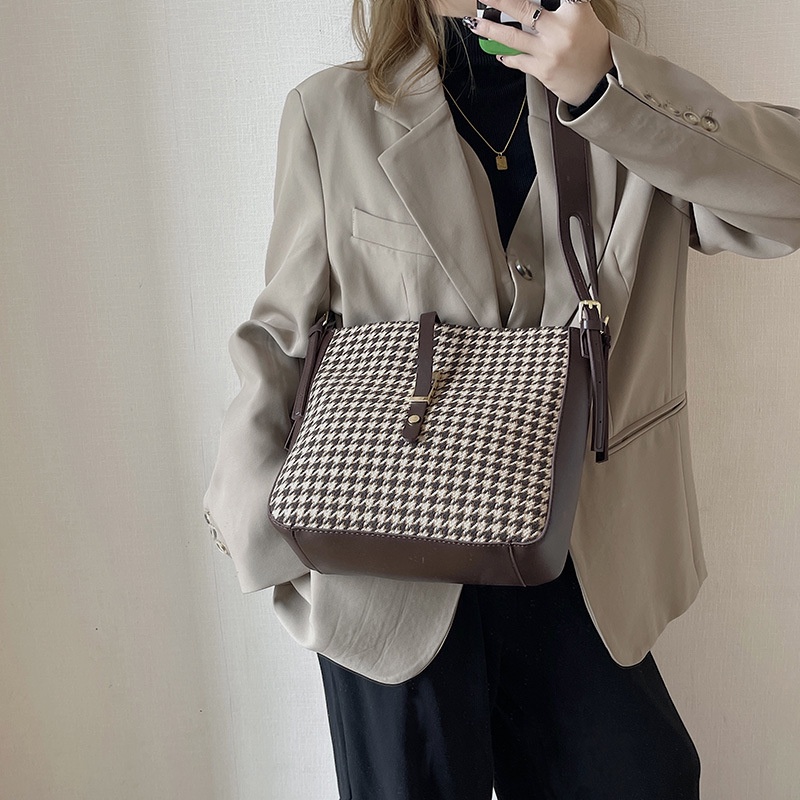Túi Đeo Chéo Vải canvas Họa Tiết houndstooth Dễ Phối Đồ Thời Trang Cho Nữ