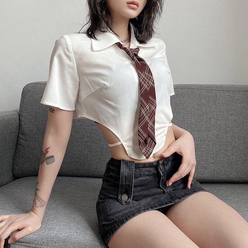 Kliou 2023  Áo Sơ Mi Ngắn Mỏng Thoáng Khí Hở Rốn Phong Cách Đường Phố Gợi Cảm Đa Năng Phong Cách Mới 2023 Kèm Cà Vạt Cho Nữ Sinh