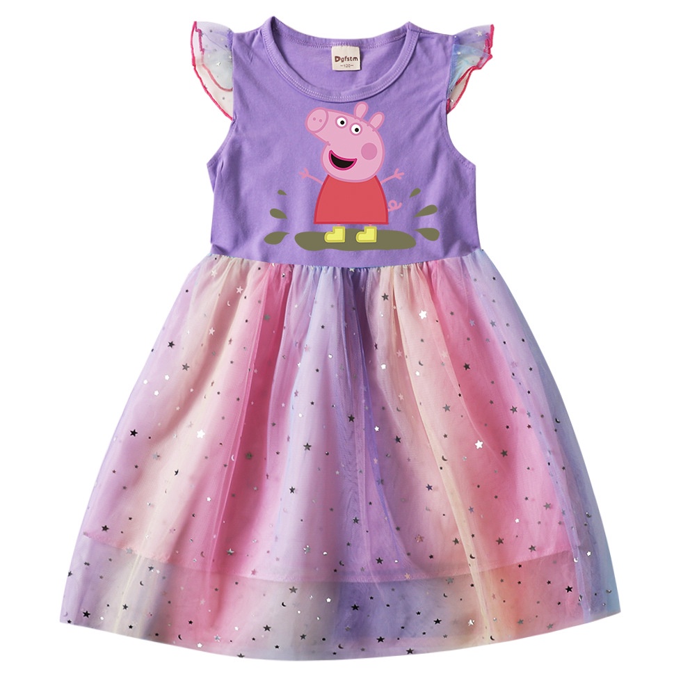 Đầm Cotton + Sequin + Áo Thun Tay Ngắn Cổ Tròn Họa Tiết Hoạt Hình Peppa Cho Bé Gái