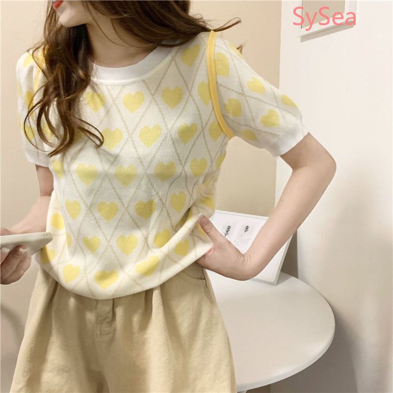 Áo Dệt Kim Cổ Tròn Họa Tiết Trái Tim Thời Trang Mùa Hè Pháp Cho Nữ