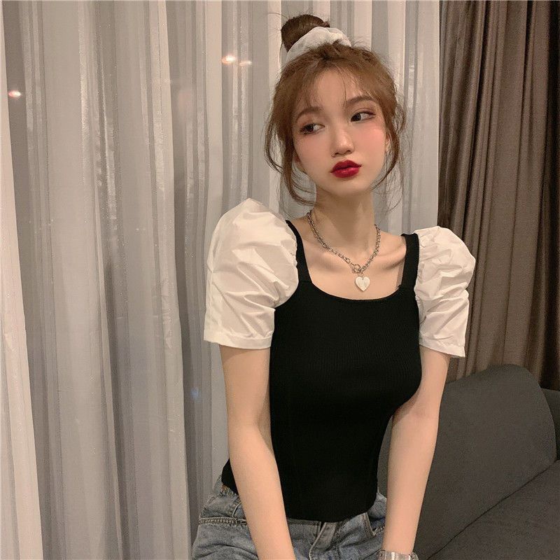 áo croptop dệt kim tay ngắn len trễ vai nữ cổ vuông dáng ôm thời trang mùa hè 2023 phong cách cổ điển dành cho bạn nữ