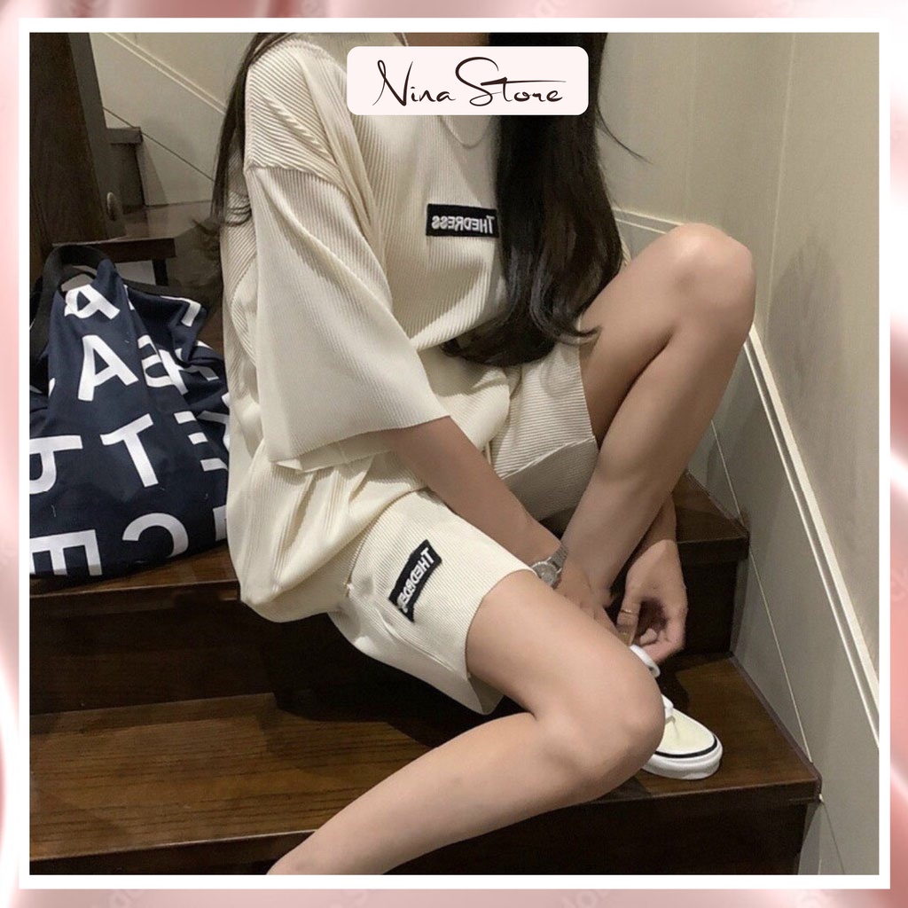 Sét bộ thun nữ tay lỡ form rộng unisex chất vải bo tăm dày dặn, logo phong cách cá tính mặc hè NinaStore
