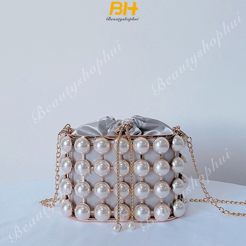 Túi Xách Đeo Vai Bucket Cỡ Lớn Quai Kim Loại Đính Ngọc Trai Thời Trang Mới 2023 Cho Nữ