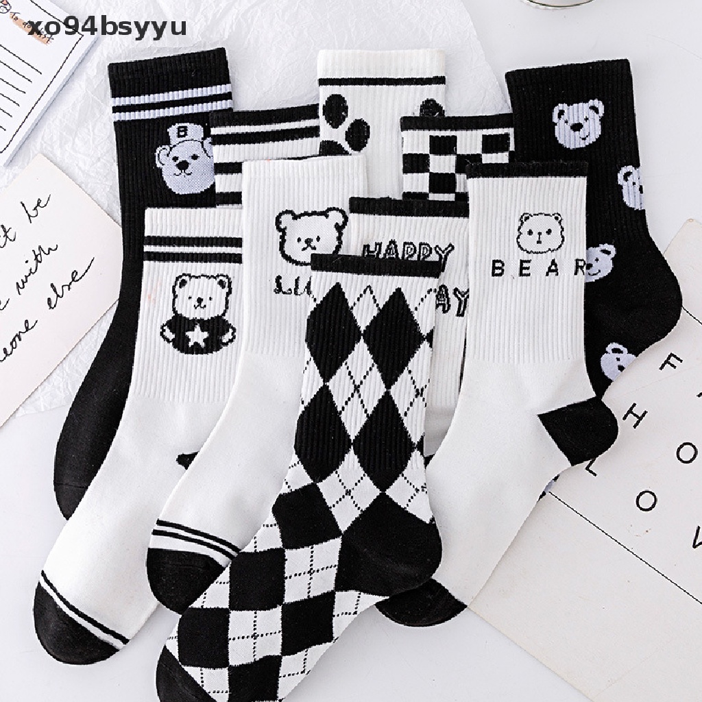 Vớ Cotton Cổ Cao Họa Tiết Hoạt Hình Màu Trắng Đen Thấm Hút Mồ Hôi Thoáng Khí xo94bsyyu