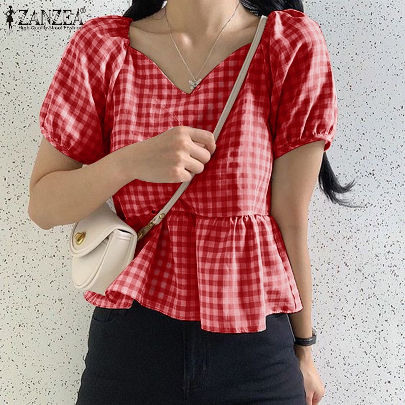 Áo ZANZEA tay ngắn phồng họa tiết caro phong cách Hàn Quốc dành cho nữ