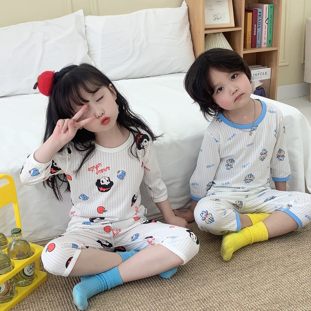 Bộ Đồ Ngủ Chất Cotton Mỏng Nhẹ In Họa Tiết Hoạt Hình Dễ Thương Thời Trang Mùa Hè Cho Bé
