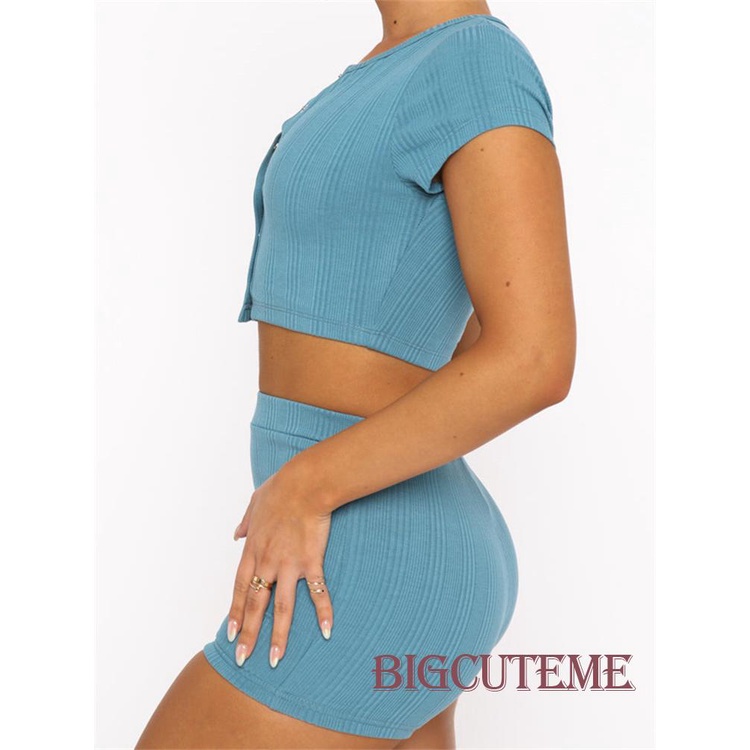 Set Đồ Mùa Hè 2 Món Gồm Áo Tay Cộc Cổ Tròn Cài Nút + Quần Ngắn Lưng Cao Màu Trơn Cho Nữ