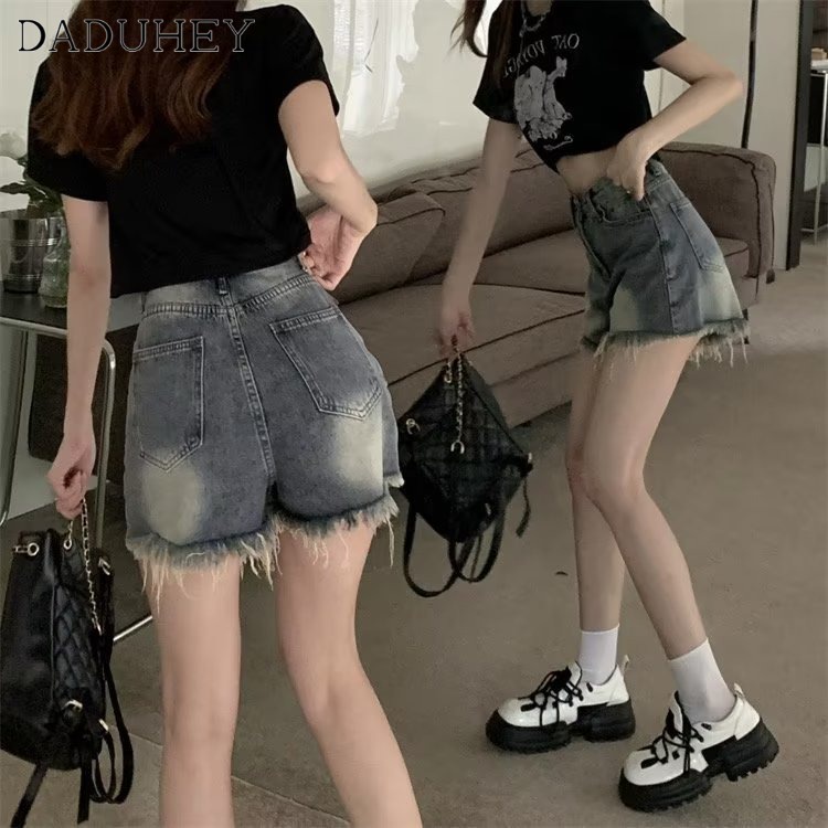 Quần short jean DADUHEY vải denim lưng cao viền thô thời trang phong cách Hàn Quốc