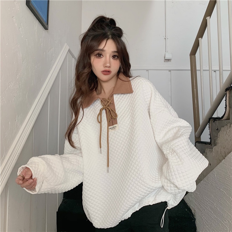 IELGY   Áo sweater Tay Dài Dáng Rộng Màu Sắc Đối Lập Phong Cách Hàn Quốc Dễ Phối Đồ Cho Nữ