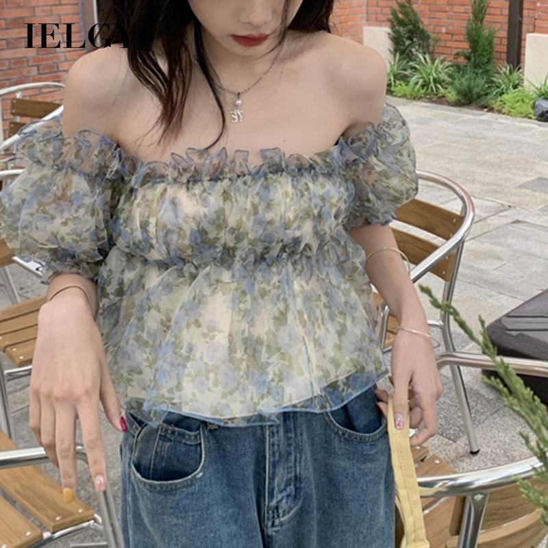 IELGY Áo chiffon Trễ Vai In Họa Tiết Hoa Phong Cách Pháp Ngọt Ngào Thời Trang Cho Nữ