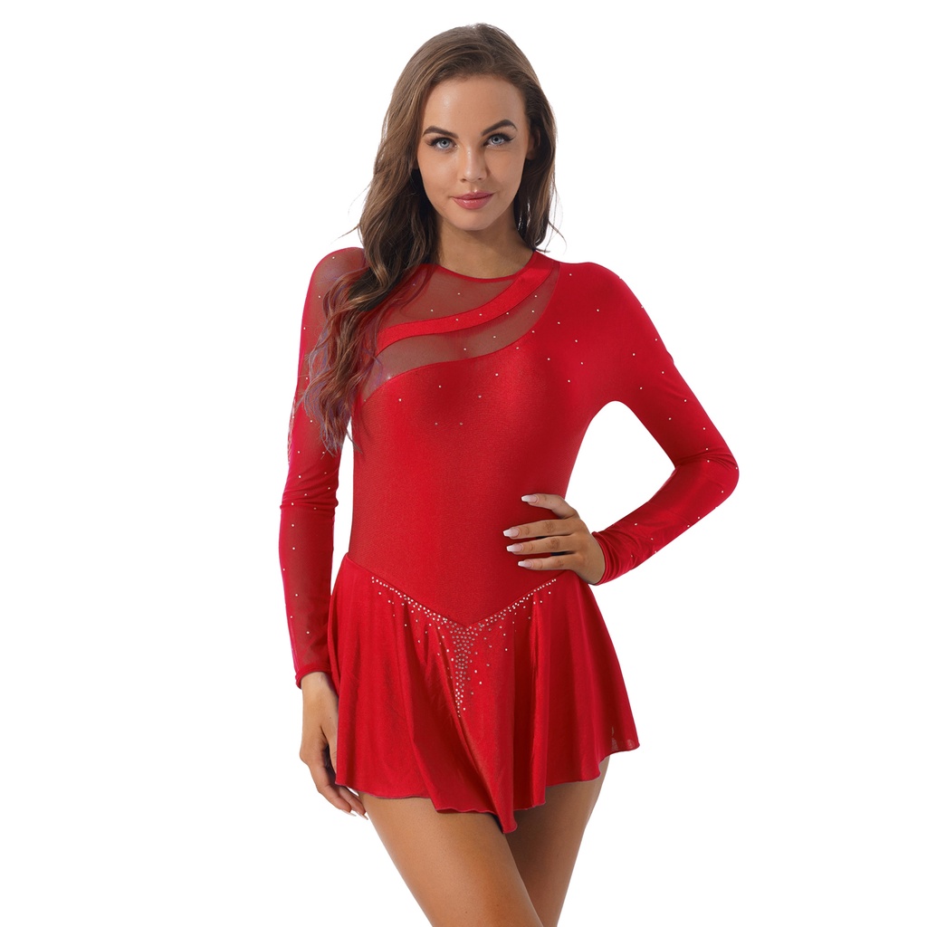 Nữ Lấp Lánh Kim Cương Giả Khiêu Vũ Xem Qua Lưới Chắp Vá Leotard Váy Hình Trượt Băng Trang Phục