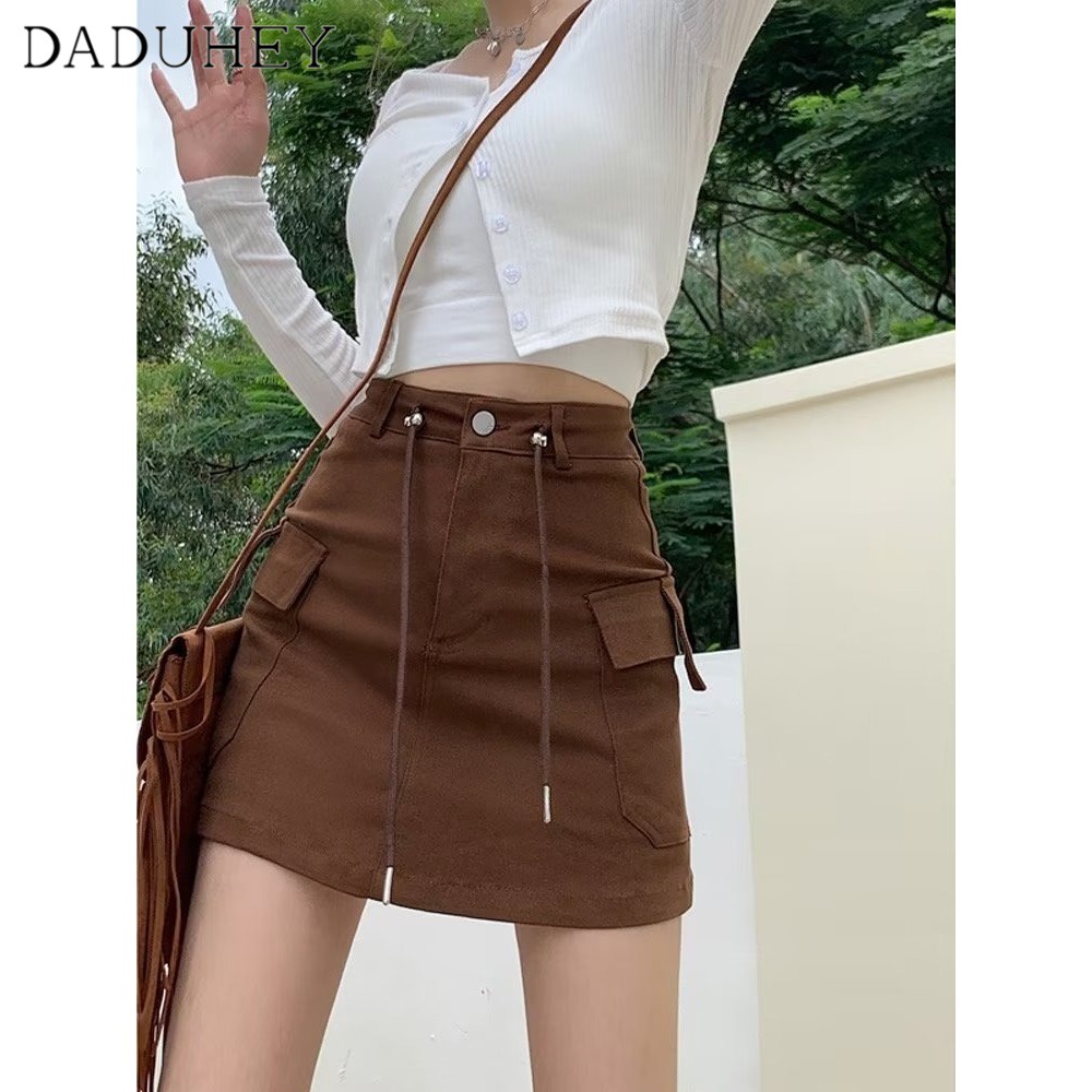 DaDuHey New American Workwear Denim Skirt High Waist Drawstring A- Line Skirt Fashion Plus Size Skirt