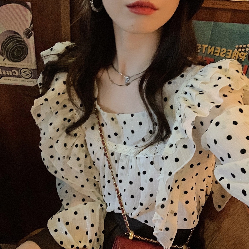 Áo chiffon Dáng Rộng Viền Xếp Nếp Trong Suốt Họa Tiết Chấm Bi Kiểu Hàn Quốc Thời Trang Daifa 2023