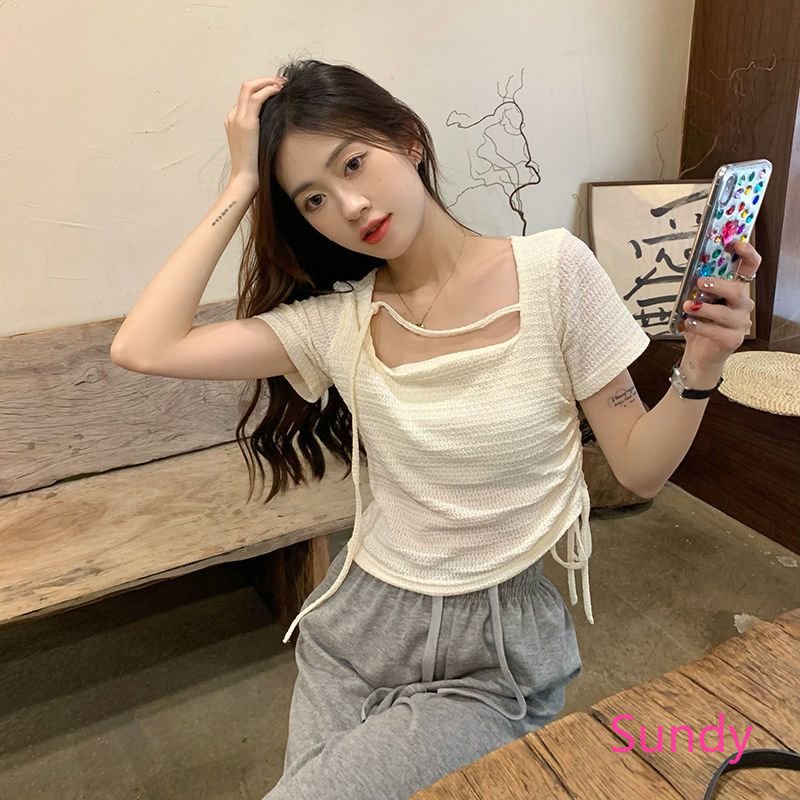 Áo Thun Ngắn Tay Cổ Vuông Dáng Rộng Phối Dây Rút Lệch Tà Kiểu Phương Tây Thời Trang Mùa