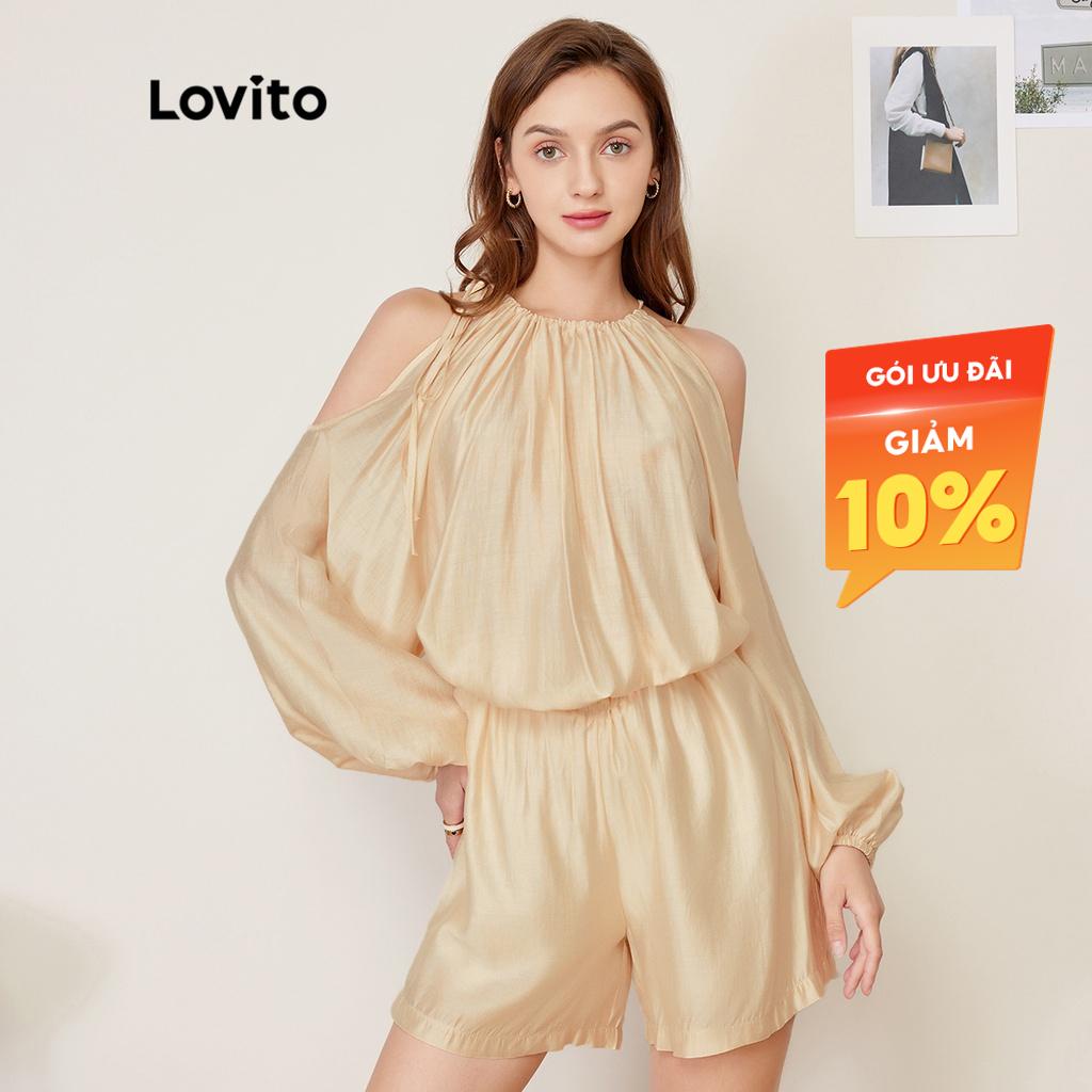 Bộ quần short Lovito Plain Cut Out Plicated Ren Up Dễ thương L27AD103 (Kaki nhạt)