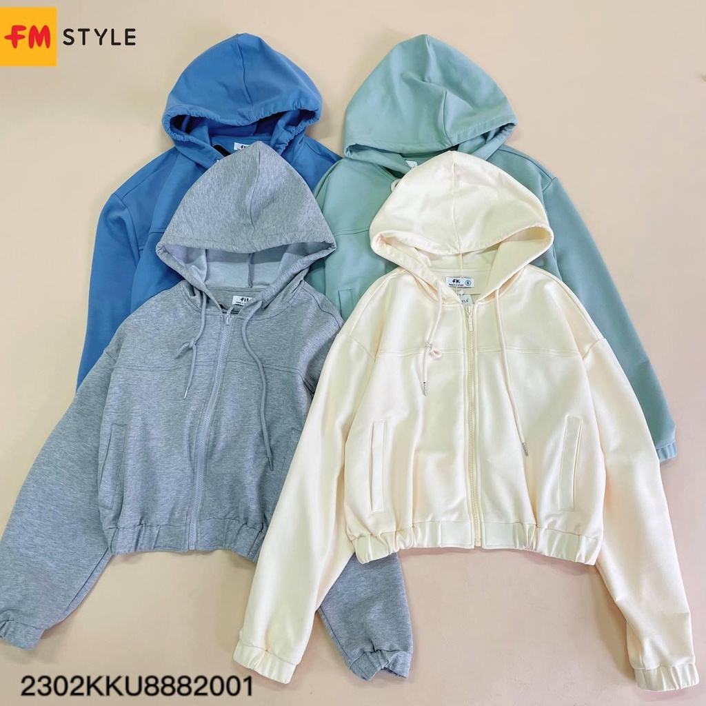 Áo khoác chống nắng nữ FM STYLE chất thun dày dặn dáng ngắn croptop dây kéo có mũ lớn rộng thoải mái 23020562