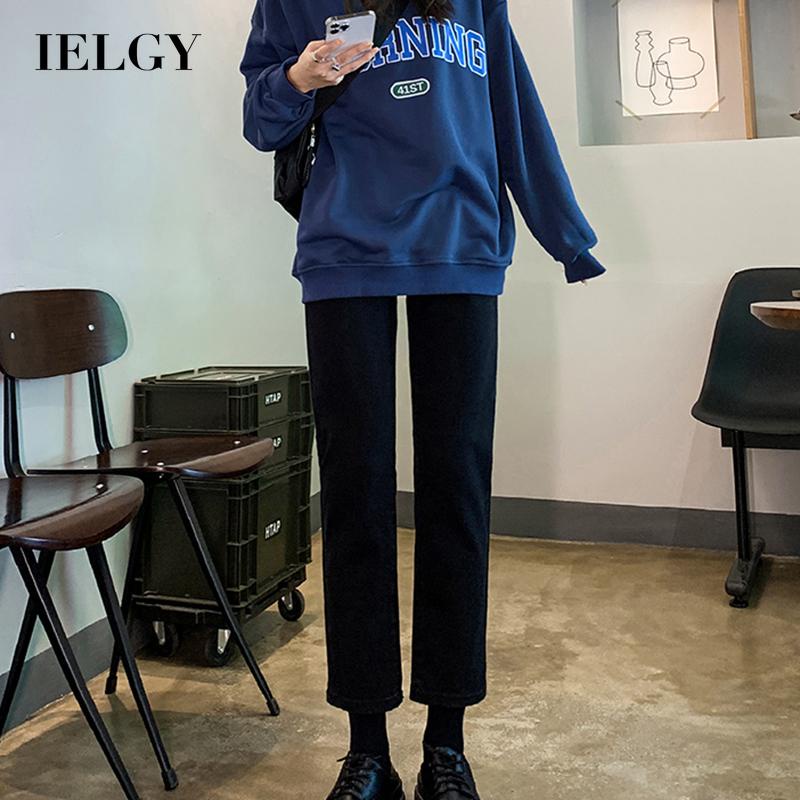 IELGY   Quần Jean Ống Đứng Lưng Cao Màu Đen Thời Trang Cho Nữ