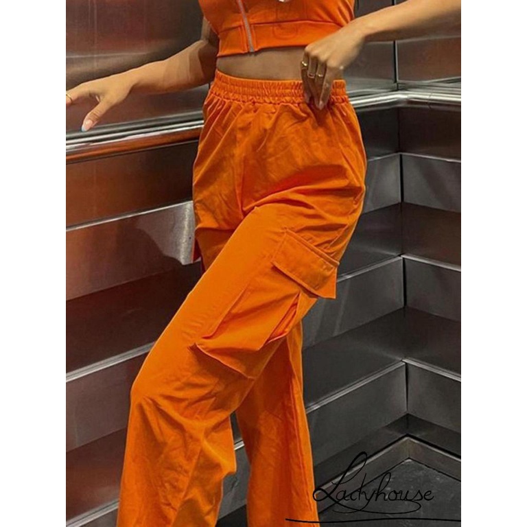 Quần Dài Dáng Suông Ống Rộng Lưng Thun Màu Trơn Có Túi Cho Nữ
