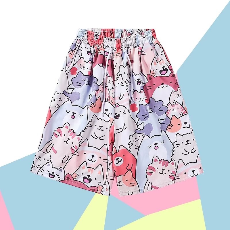 Áo Sơ Mi Ngắn Tay Nhuộm Màu Họa Tiết Hoạt Hình + Quần short Dáng Rộng Phong Cách Hàn Quốc Thời Trang Đi Biển Hawaii