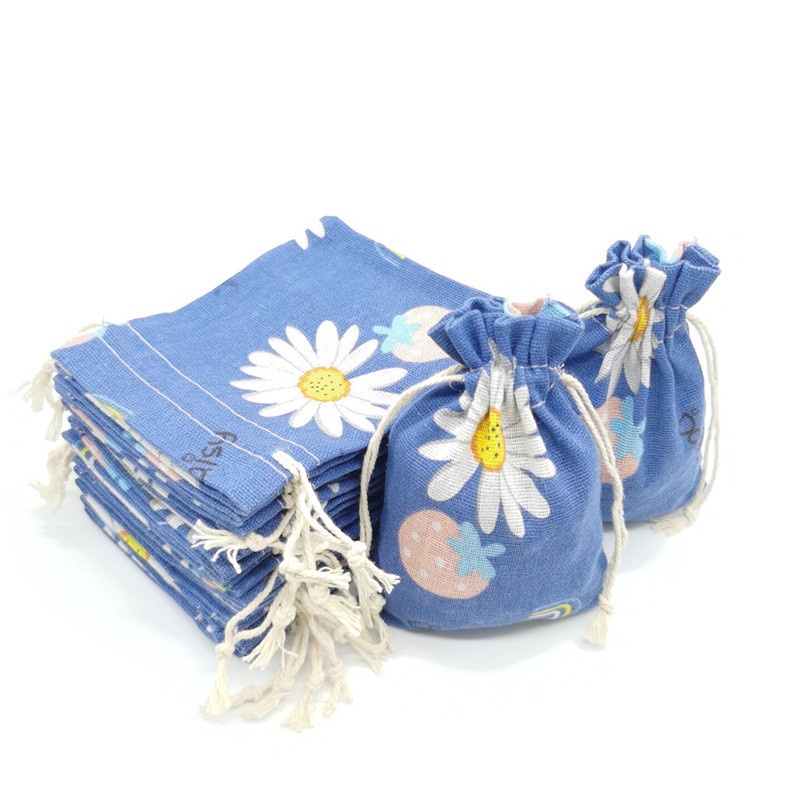Túi Vải Lanh Cotton Đựng Trang Sức Họa Tiết Dâu Tây Dễ Thương