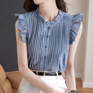 Áo Sơ Mi Không Tay Viền Bèo Họa Tiết Kẻ Ô Vuông Nhỏ Thiết Kế Pháp Thời Trang Mùa Hè 2023 Cho
