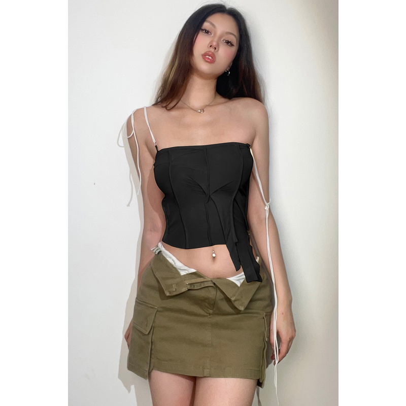 Kliou 2023 Mới Áo Croptop Hai Dây Màu Trơn Đơn Giản Phong Cách Mới 2023