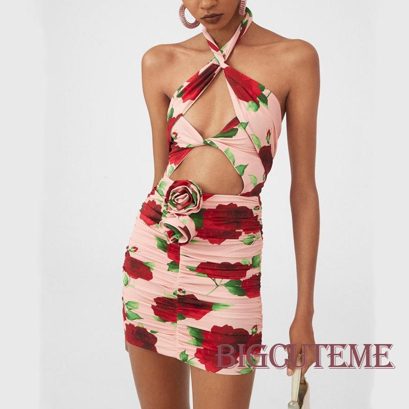 [] [] Đầm Mini Ôm Dáng Không Tay Khoét Rỗng In Họa Tiết Hoa Hồng Cho Nữ
