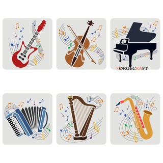 1Set 6PCS Musical Instrument Stencils 30x30cm Guitar Violin Piano Accordion Harp Saxophone Drawing Stencil Large Reusable DIY Craft Painting Stencil for Music Lovers Home