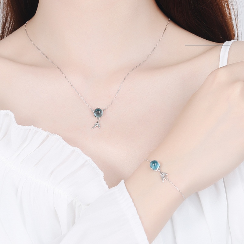 Bộ Trang Sức Vòng cổ / Vòng Tay / Khuyên Tai Bằng Thép Titan Đính Đá Zircon Đuôi Nàng Tiên Cá Màu Xanh Dương Đơn Giản