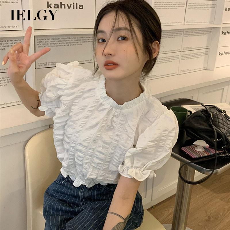 IELGY   Áo Sơ Mi Tay Phồng Màu Trắng Thiết Kế Đơn Giản Dành Cho Nữ