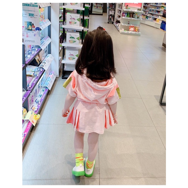 Set Áo Thun Ngắn Tay Có Mũ + Chân Váy Ngắn Phong Cách Hàn Quốc Thời Trang Mùa Hè Cho Bé Gái 1-14 Tuổi