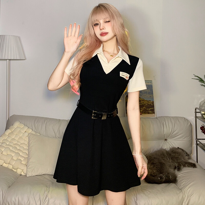 KLALIEN Đầm Tay Ngắn Cổ Polo Dáng Chữ A Phong Cách Preppy Ngọt Ngào Kèm Thắt Lưng Mini Thời Trang Mùa Hè Cho Nữ