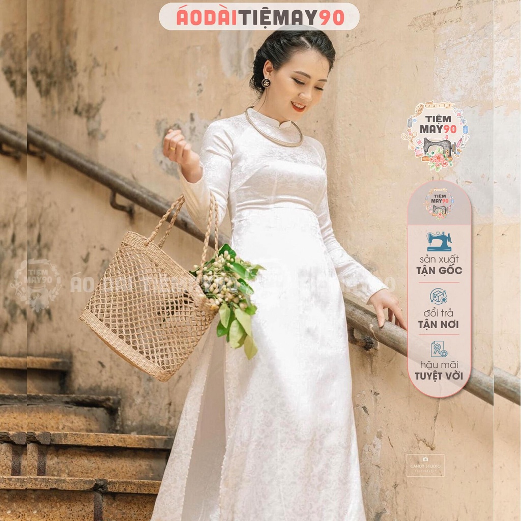 Áo dài cưới cô dâu học sinh nữ đi học may sẵn áo dài gấm hoa đỏ trắng cổ cao đính ngọc dự tiệc cưới 