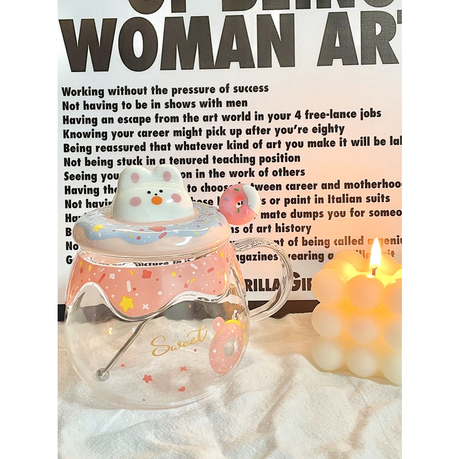 Cốc Uống Nước Thủy Tinh Hình Thỏ Dễ Thương Có Nắp Đậy