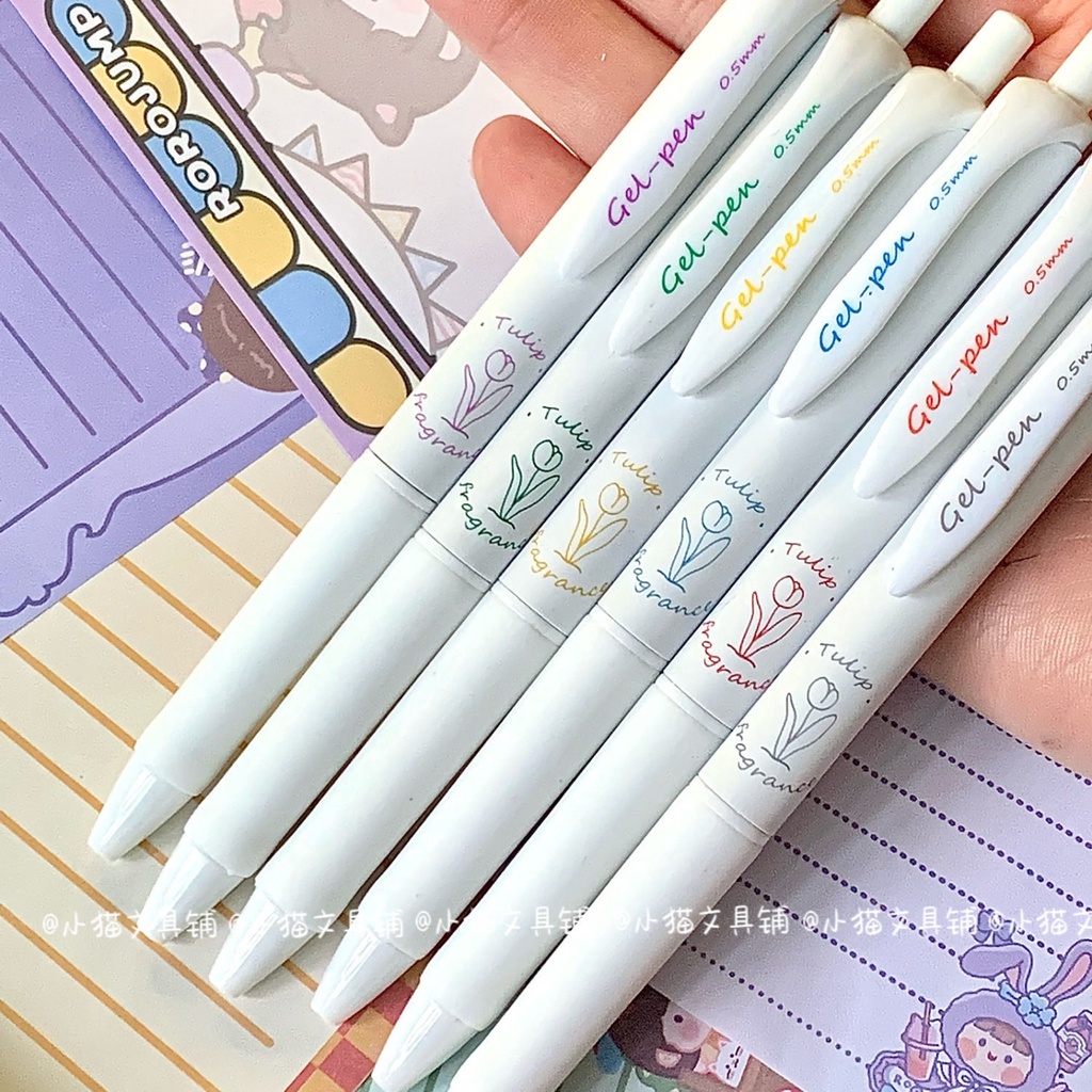 Bộ Bút Mực Gel Dạng Nhấn 0.5mm Màu Đen Hình Hoa Tulip Đơn Giản