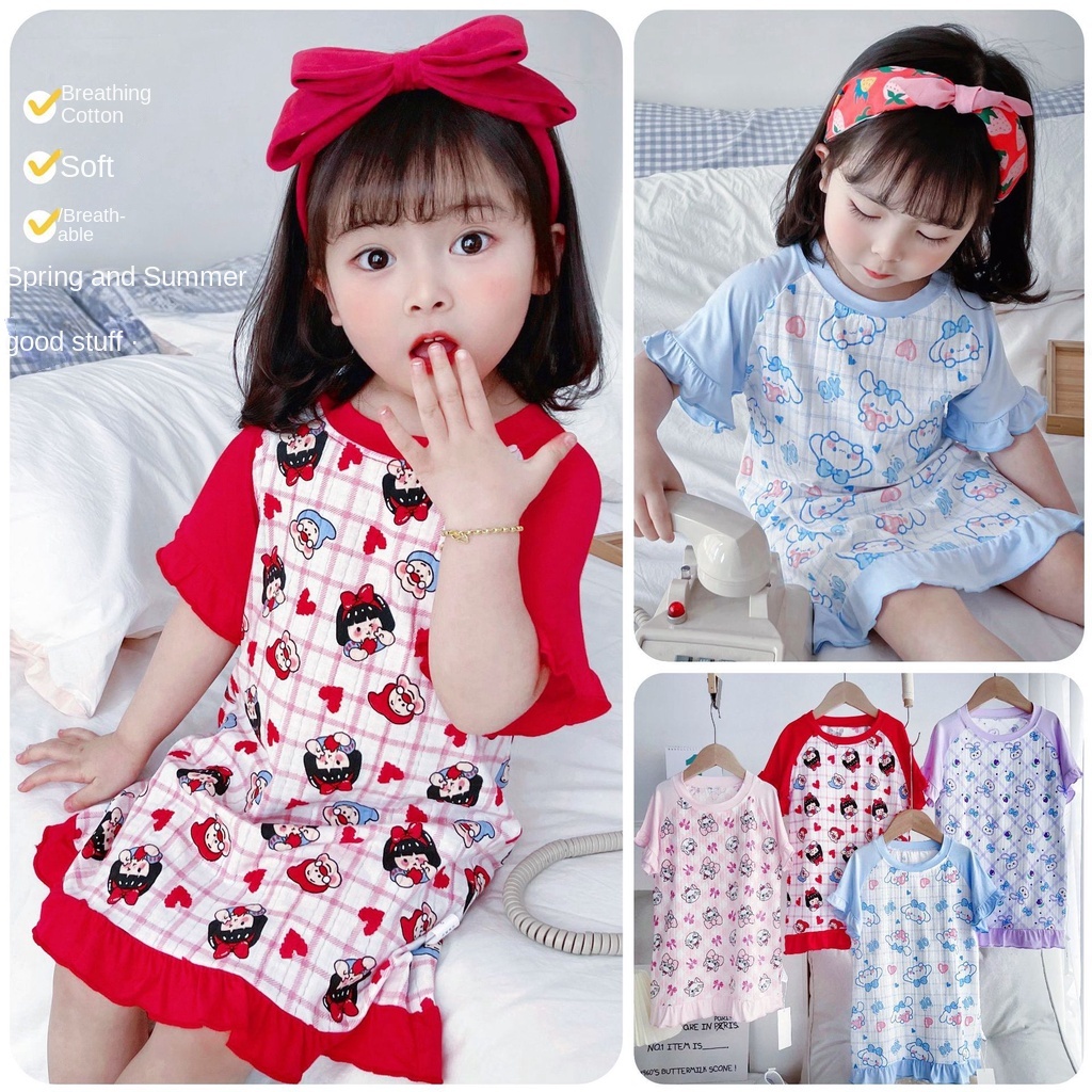 Đầm Ngủ Cotton Phối Bèo Thoáng Khí Thời Trang Mùa Hè Phong Cách Mới Cho Bé Gái-csbld33-0831