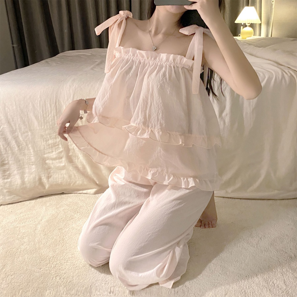 Bộ Đồ Ngủ Áo Hai Dây Phối Quần Dài Vải Cotton Trơn Kiểu Công Chúa Mùa Hè Mới | BigBuy360 - bigbuy360.vn