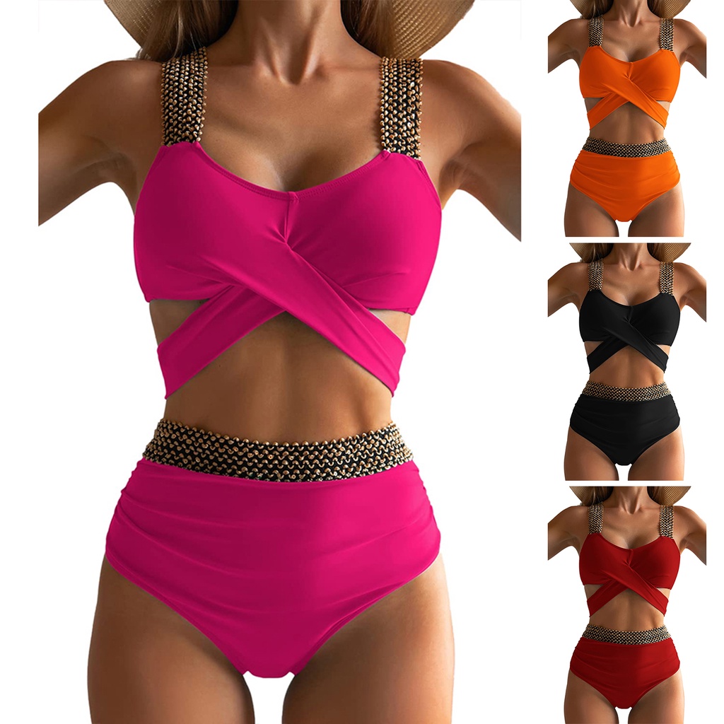 1 Bộ Đồ Bơi Hai Mảnh Dây Chéo Có Đệm Nâng Ngực Màu Sắc Trơn Quyến Rũ Dành Cho Nữ