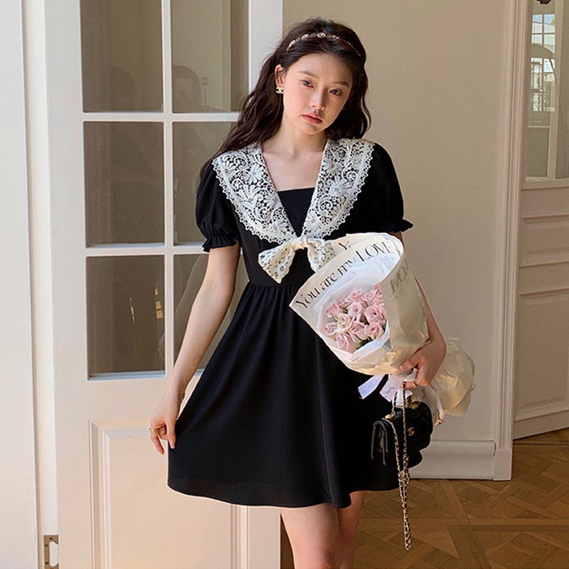 Đầm Đen Cổ Búp Bê Phong Cách vintage Pháp Thời Trang Mùa Hè Cho Nữ