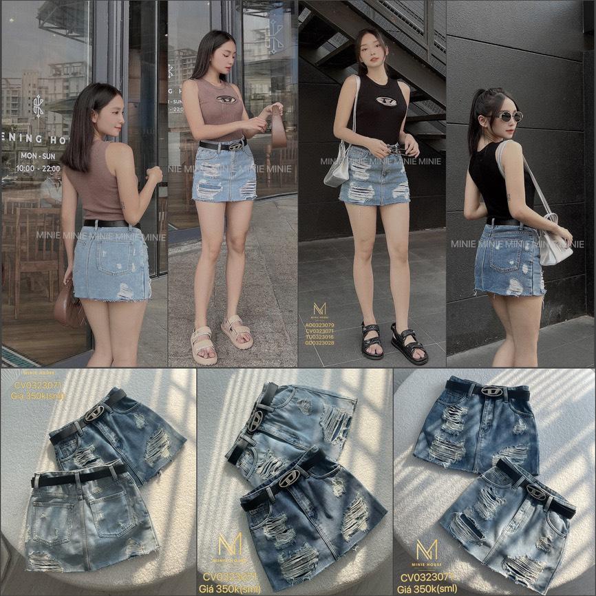MINIE - Chân váy jean rách kèm belt 3071 , form ngắn, ôm, lót quần