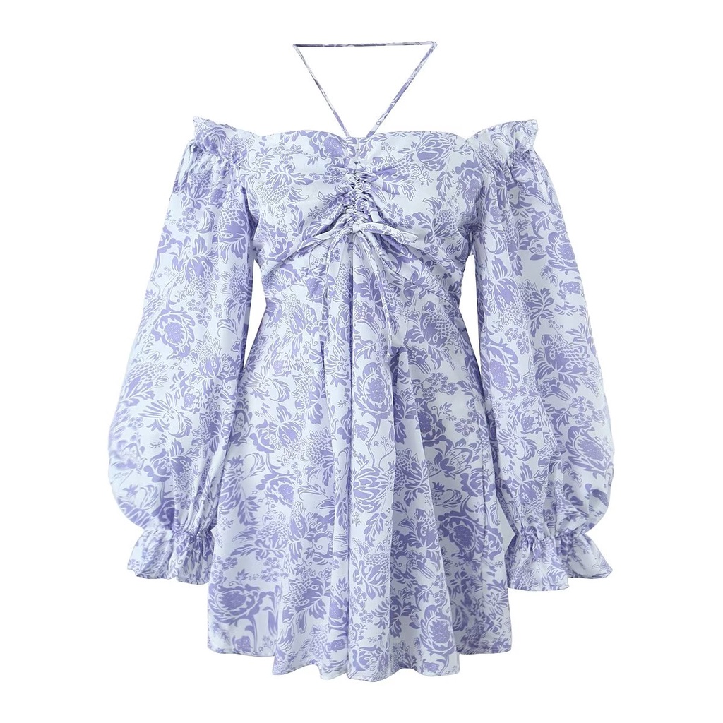 Đầm Zara Cổ Phẳng Xếp Ly Tay Phồng Cổ Yếm In Họa Tiết Màu Tím Lãng Mạn Thời Trang Cho Nữ