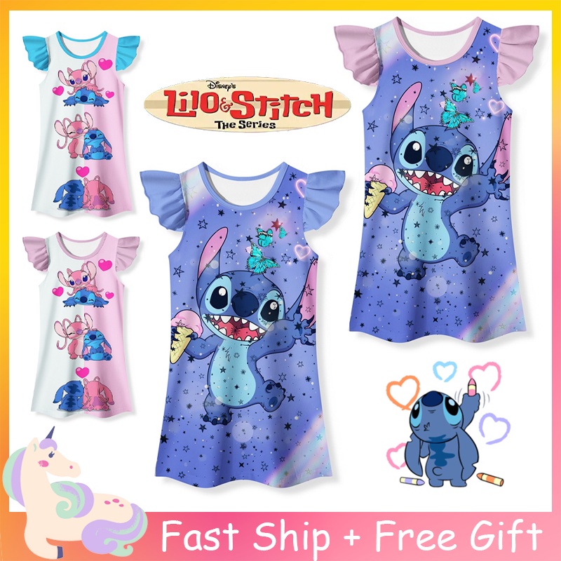 Bộ Đồ Ngủ Tay Ngắn Chất Liệu Cotton In Họa Tiết Hoạt Hình Lilo & Stitch Dễ Thương Thời Trang Mùa Hè Cho Bé Gái