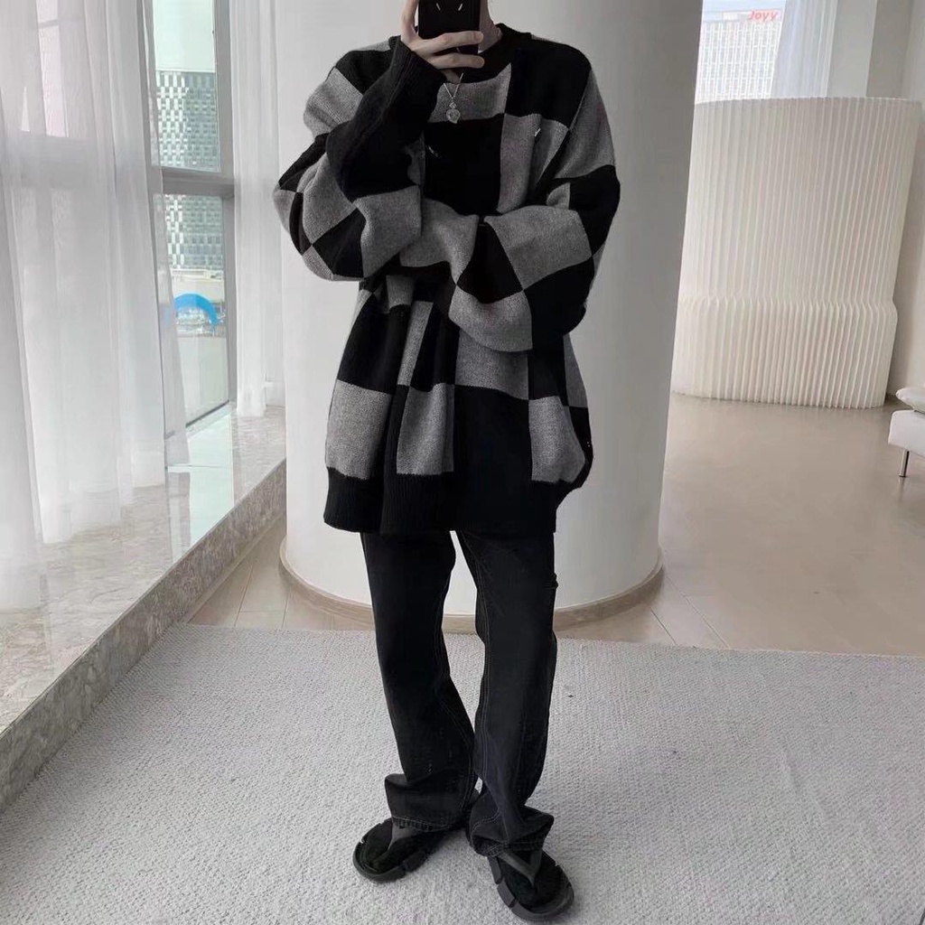 Áo sweater Dệt Kim Tay Dài Cổ Tròn Màu Đen In Họa Tiết Bảng Kẻ Ô PAUL FITZGERALD Thời Trang Cho Nam