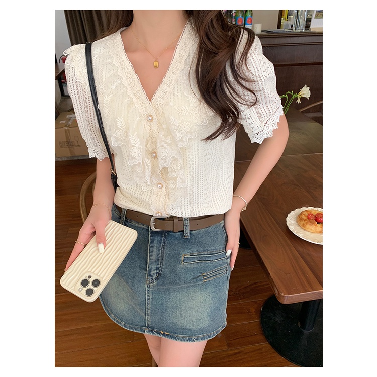 SUXI Áo Sơ Mi Nữ Tay Ngắn Cổ Chữ V Phối Ren Phong Cách Hàn Quốc Thời Trang Mùa Hè