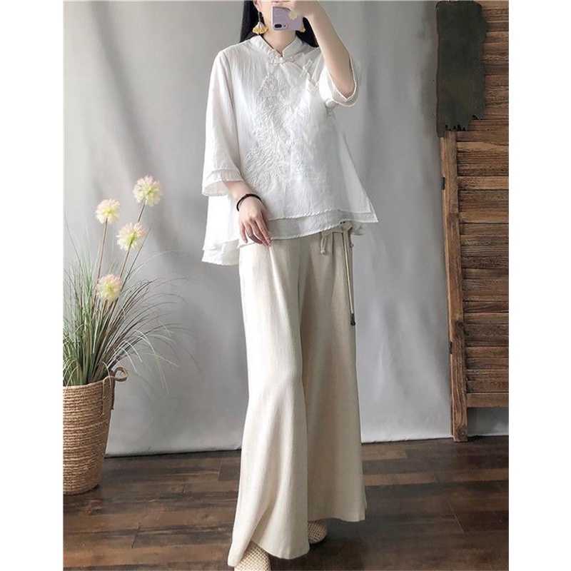 Áo Sơ Mi Vải Lanh Cotton Dáng Rộng Cài Nút Kiểu Trung Hoa Thời Trang Xuân Hè Cho Nữ