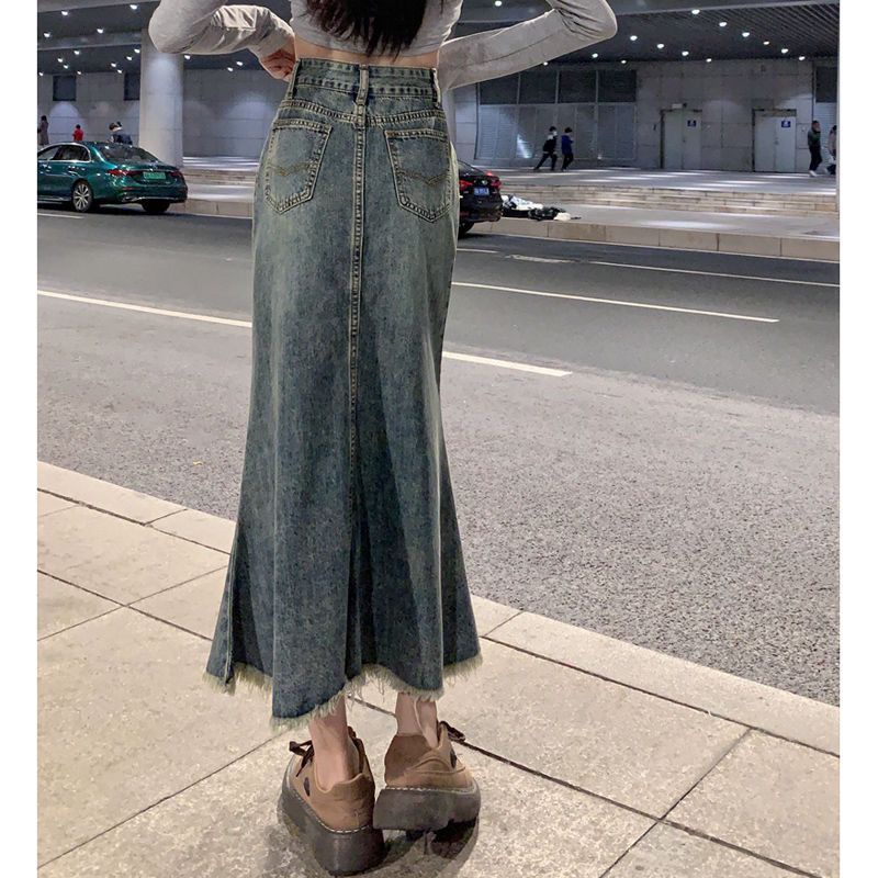 Chân váy jean Đuôi Cá Dáng Chữ A Viền Thô Phong Cách Vintage Thời Trang Mùa Hè Dành Cho Bạn Nữ