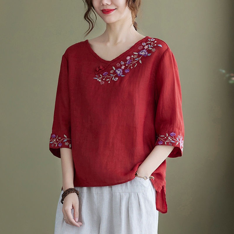 Áo Thun Cotton Tay Lửng Thêu Họa Tiết Cổ Điển Thoải Mái Cao Cấp