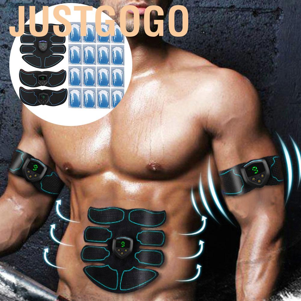 Justgogo EMS abdominal muscle trainer  training device for men and women electrical stimulation with 16 PIECES replacement gel pads arm stomach legs