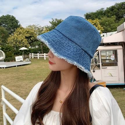 Mũ Bucket Che Phủ Mặt Bằng Vải Denim Sờn Thoáng Khí Thời Trang Xuân Thu Dành Cho Bạn Nữ