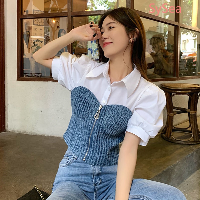 Áo Sơ Mi Phối Khóa Kéo Thời Trang Mùa Hè Pháp Cho Nữ